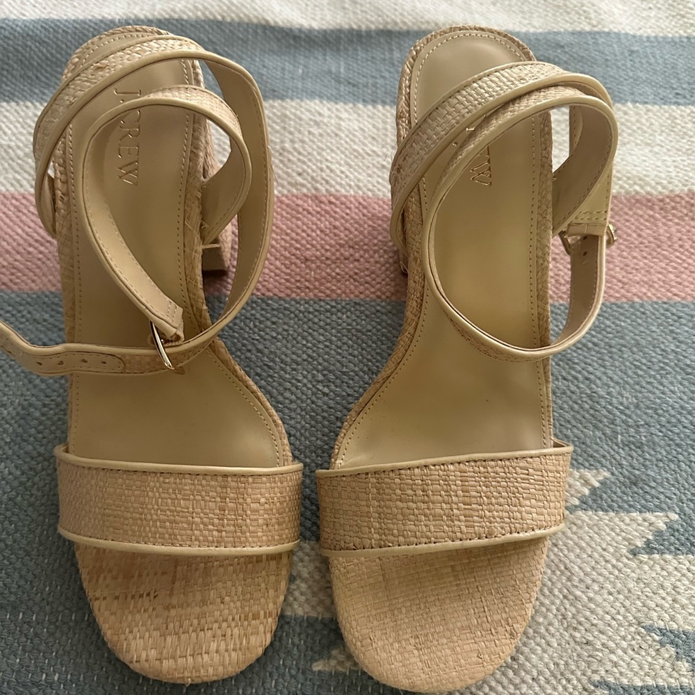 JCrew straw block heels with ankle straps